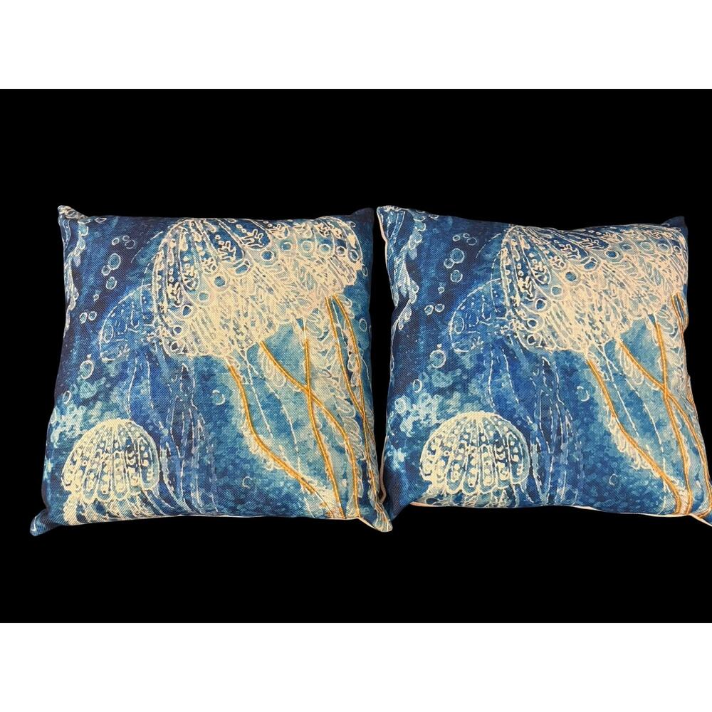 Beach Nautical Theme Beaded Pillows Jellyfish 17 x 17 Seashore Cottage Gold